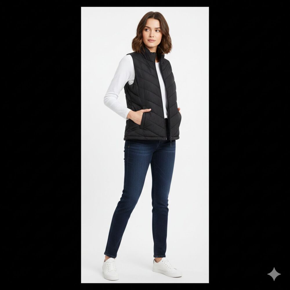 GAP Puffer Vest Women S Black Excellent Quilted Sleeveless Lightweight Full‎ Zip